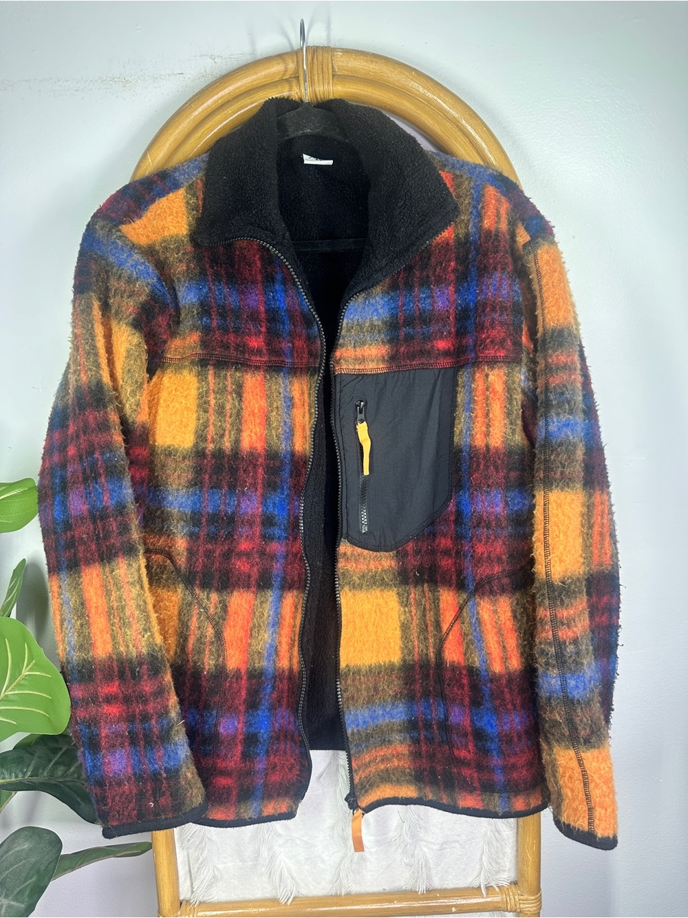 Zara Fuzzy Red and Orange Plaid Coat sz S/M